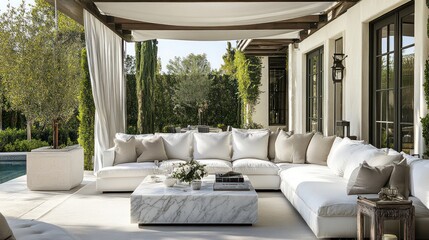 Fototapeta premium A luxurious outdoor area with a white sofa, a marble-top coffee table, and a retractable pergola for shade