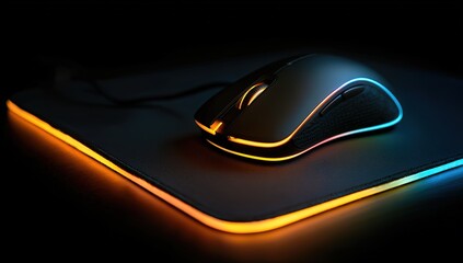 A gaming mouse with colorful LED lights, sitting on top of an illuminated mouse pad. 