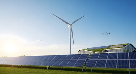 Wind turbine and solar panels under a clear blue sky