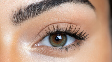 Obraz premium Close up of beautiful eye with long lashes and natural makeup, showcasing captivating look
