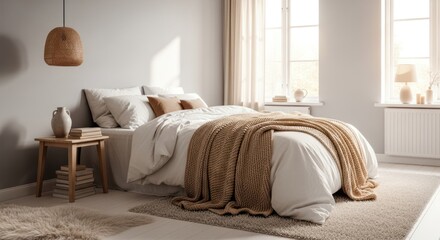 Tranquil Morning Light in a Cozy Bedroom with Natural Woven Textures
