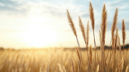 Fototapeta premium Golden grass swaying gently in warm sunlight, creating serene atmosphere