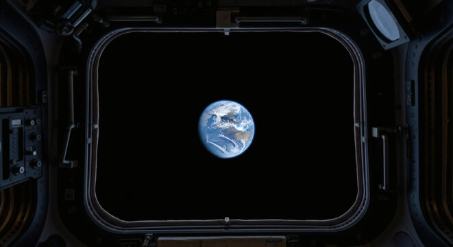 View of the planet Earth from a spacecraft porthole, illustrating space exploration and our place in the universe.