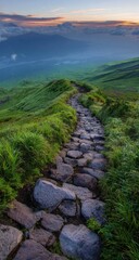 Fototapeta premium Mountain path winding upwards through grassy hills at dawn