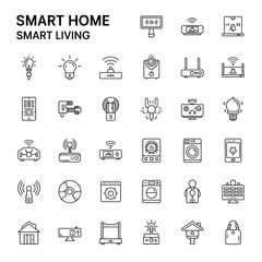 Collection of smart home icons representing smart living concepts. Thin line art illustrations of home automation and IoT devices.