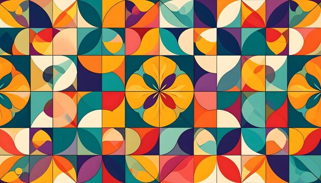 Geometric Abstract Composition with Symmetrical Floral Center and Vibrant Colors