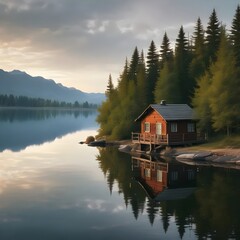 Obraz premium Lakeside Cabin Serenity: A Tranquil Retreat Reflected in Still Waters