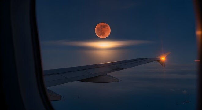 A stunning view of a blood moon seen from an airplane window, with wing visible.