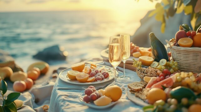 A romantic beach picnic at sunset with champagne and fruits to celebrate a special occasion with - Powered by Adobe