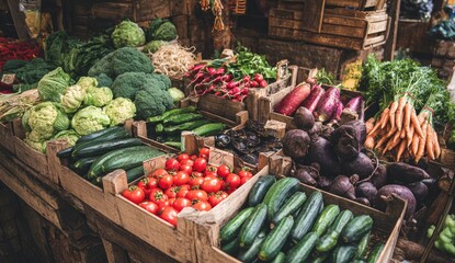 Fresh produce overflowing from wooden crates at a bustling market