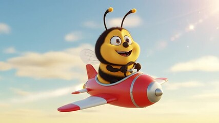 Joyful 3D cartoon bee character happily piloting a small red toy airplane through a bright sunny sky