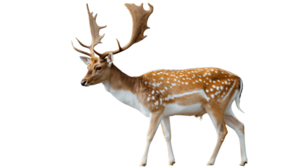 Wild buck with grand antlers showing side view and clear markings, realistic forest animal look on white backdrop, 4k image