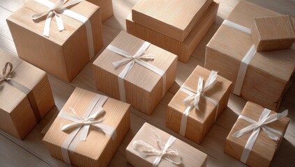Fototapeta premium Light beige wooden gift boxes with ribbons