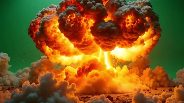 Intense explosion with smoke billowing against vivid green backdrop in an eye-catching video