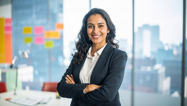 Young smart indian businesswoman, smiling face, standing in blur background of creative colorful office interior design.
