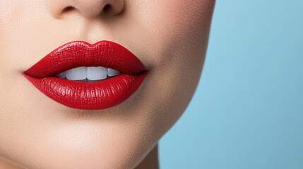 Fototapeta premium Bold red lips with smooth finish create striking look against soft blue background