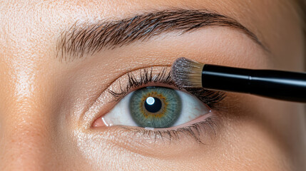 Close up of eye during eyeshadow application, showcasing detailed makeup techniques and tools