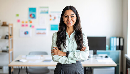 Young smart indian businesswoman, smiling face, standing in blur background of creative colorful office interior design.