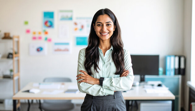 Young smart indian businesswoman, smiling face, standing in blur background of creative colorful office interior design. - Powered by Adobe