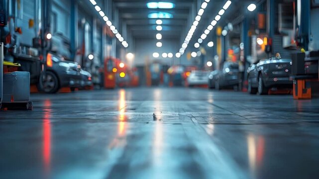 Video showing a blurred panoramic view of an auto repair workshop and car service center