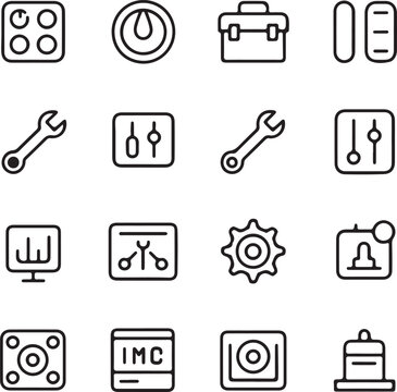 Set of sixteen different outline icons representing various tools and settings including a wrench toolbox gear settings sliders and other technical and interface elements 