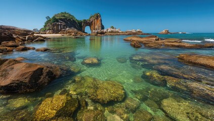 Crystal-clear shallows around a rocky archway