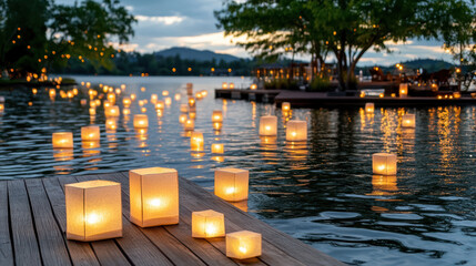 Softly glowing lanterns illuminate tranquil lake at twilight, creating serene atmosphere