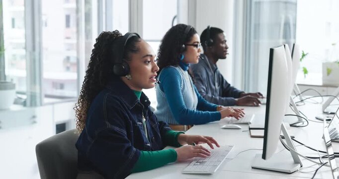 Headset, people and typing on computer in call center for virtual assistance, advice or tech support. Contact us, agent or help client with inbound query, network issue resolution and troubleshooting