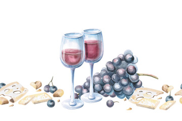 Seamless border with wine glasses, cheese and grapes. Isolated watercolor illustration for design of textiles for kitchen, tableware, interior, printing on posters for harvest festival, Wine Day.