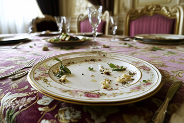 An empty plate with leftovers on the lavishly set dining table