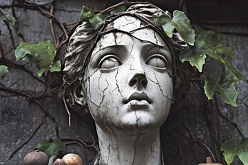 A cracked sculpture of a woman's head covered with vines