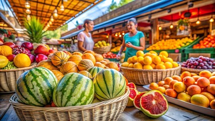 Vibrant Summer Fruit Market Scene: Watermelons, Oranges, and Melons in Baskets, Happy Shoppers Background