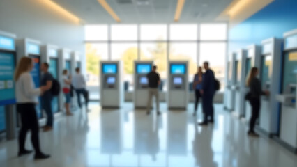 Blurred image of customer using ATM or self-service kiosk of bank inside modern bank. Quiet digital banking concept.