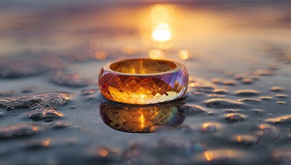 A faceted ring, iridescent amber, rests on the water's edge at sunset.  Golden light reflects on the gem