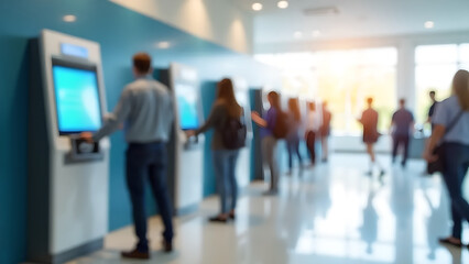 Blurred image of customer using ATM or self-service kiosk of bank inside modern bank. Quiet digital banking concept.