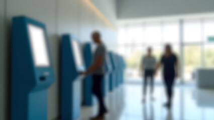 Blurred image of customer using ATM or self-service kiosk of bank inside modern bank. Quiet digital banking concept.