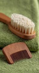 Close-up of natural bristle brush and wooden comb on a green towel