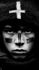 Hooded Figure with Cross Face Paint in Monochrome Portrait Intense Visual