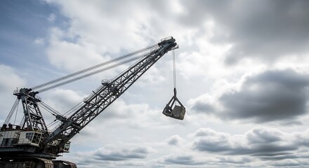 A massive industrial dragline excavator lifting a heavy bucket at an open-pit mine against a dramatic cloudy sky.