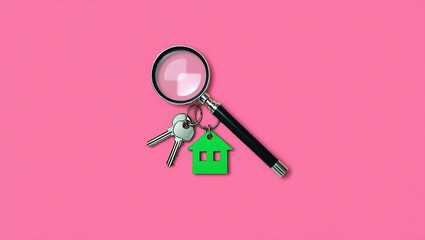 Magnifying glass over house keys on pink background 1