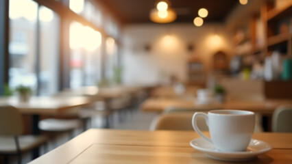 Blurred interior of a minimalist coffee shop with soft bokeh lights, blurred wooden tables and neutral colored chairs.