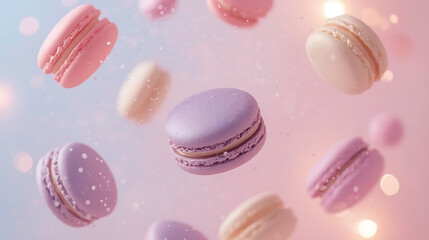 Fototapeta premium French macarons in pastel shades, floating in a dreamy background, are surrounded by fine sugar dust, creating a magical, whimsical atmosphere with glowing light and a pastel gradient backdrop.