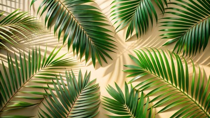 Vibrant Green Palm Fronds Arranged on Beige Background, Sunlight Shadows, Tropical Summer Mood, Flat Lay