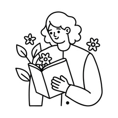 Minimal line art of person holding gratitude journal in quiet moment vector line art on white background.