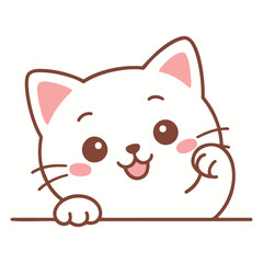 Cute white cartoon cat waving paw with happy face on white background vector illustration