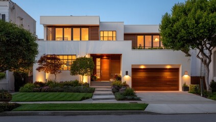 Modern, light-filled home at dusk