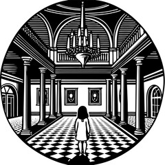 Haunted mansion interior with girl chandelier portraits columns checkerboard floor spooky gothic architecture design vector Illustration