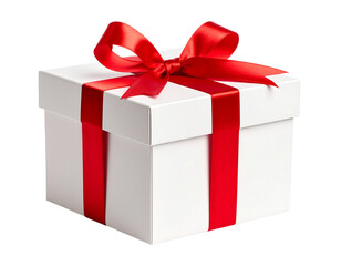 White Gift Box with Red Ribbon – Isolated Present Mockup on Transparent Background
