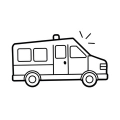 Minimalist line sketch of ambulance with emergency lights in motion vector line art on white background.