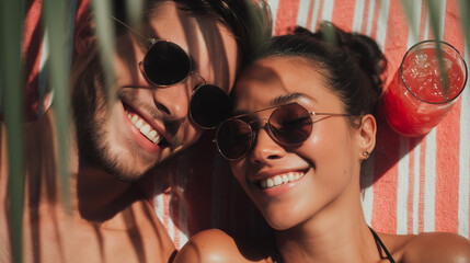 Happy young couple wearing sunglasses enjoys refreshing red cocktails during summer vacation. Smiling romantic partners relax together in tropical paradise setting with bright cheerful mood.